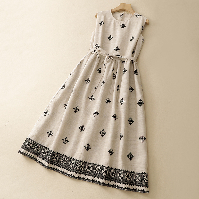 Linen Cotton Spring Summer New Style round Neck Sleeveless Loose Commute Atmosphere Dress Original Linen Color Artistic Women... #2