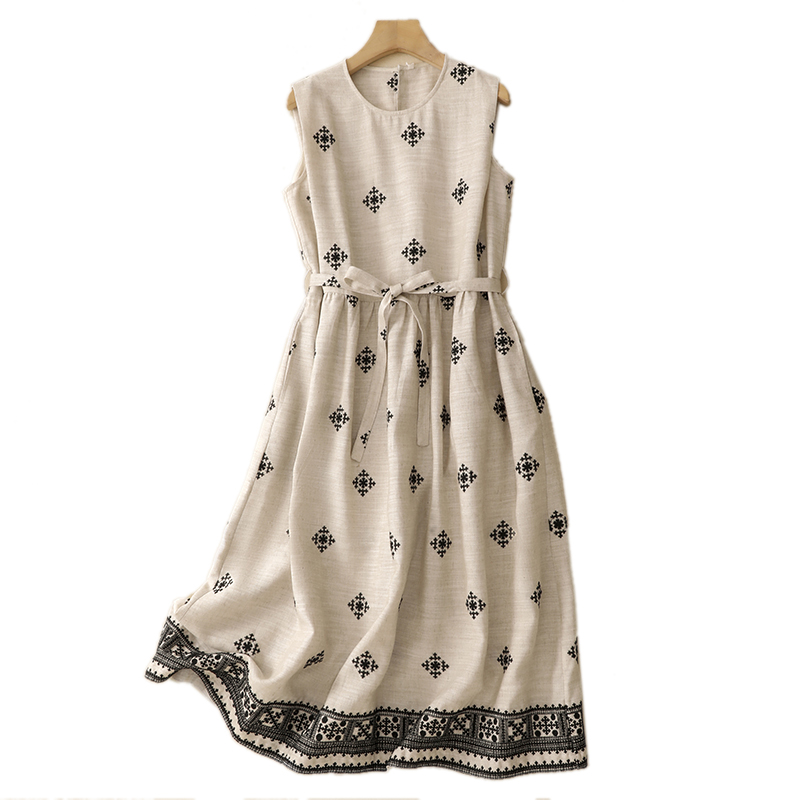 Linen Cotton Spring Summer New Style round Neck Sleeveless Loose Commute Atmosphere Dress Original Linen Color Artistic Women... #5
