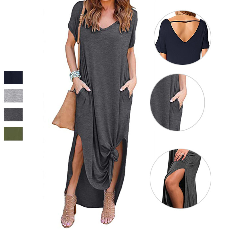 Women's Casual Maxi Dress V Neck Short Sleeve Dresses Loose Fit Long Dress with Pockets Side Slit Outfit Home Casual Daily Wear #2