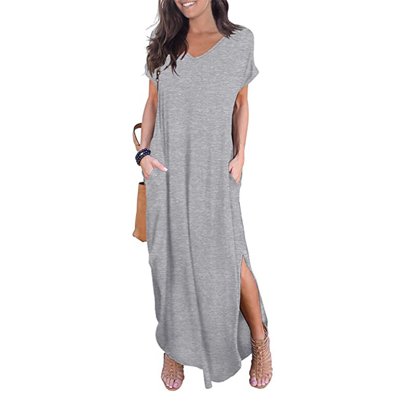 Women's Casual Maxi Dress V Neck Short Sleeve Dresses Loose Fit Long Dress with Pockets Side Slit Outfit Home Casual Daily Wear #5