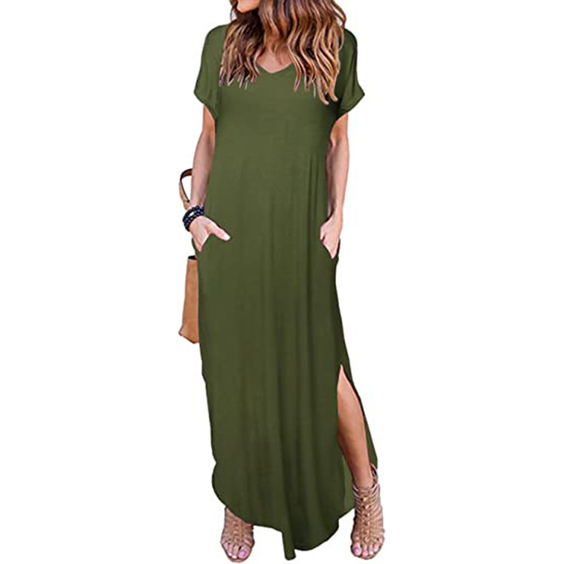 Women's Casual Maxi Dress V Neck Short Sleeve Dresses Loose Fit Long Dress with Pockets Side Slit Outfit Home Casual Daily Wear #6