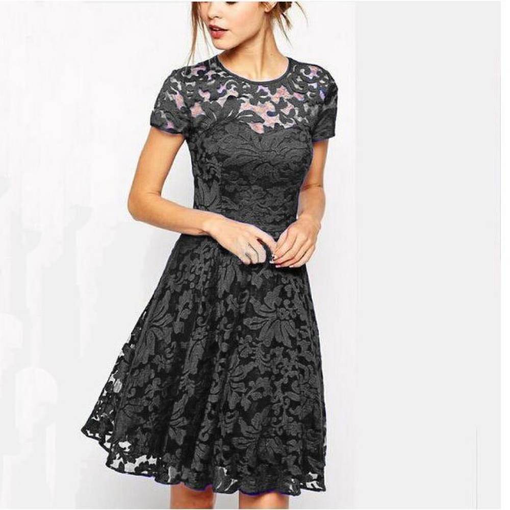 Women Summer Casual Blue Lace Dress Elegant Round Neck Short Sleeve Midi Dresses Slim Fit Fashion Office Lady Chic Gown #3