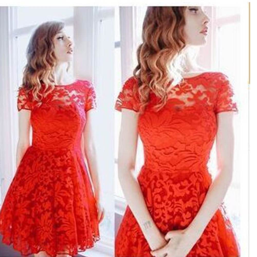 Women Summer Casual Blue Lace Dress Elegant Round Neck Short Sleeve Midi Dresses Slim Fit Fashion Office Lady Chic Gown #5