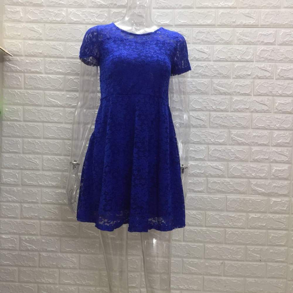 Women Summer Casual Blue Lace Dress Elegant Round Neck Short Sleeve Midi Dresses Slim Fit Fashion Office Lady Chic Gown #6