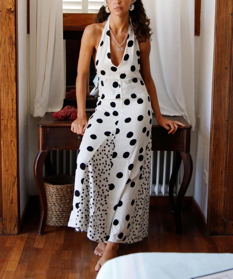 Elegant Dot Women's Dress Halter Sleeveless Backless Lace Up Printing Dots Maxi Female Dresses 2025 Summer Vacation Lady Robe #3