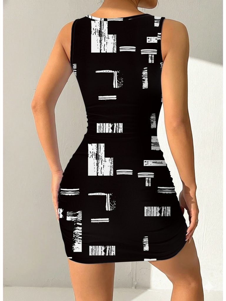 Women's Geometric Print Round Neck Sleeveless Camisole Dress Summer Casual Fashion Comfortable Mid-Length Skirt #2