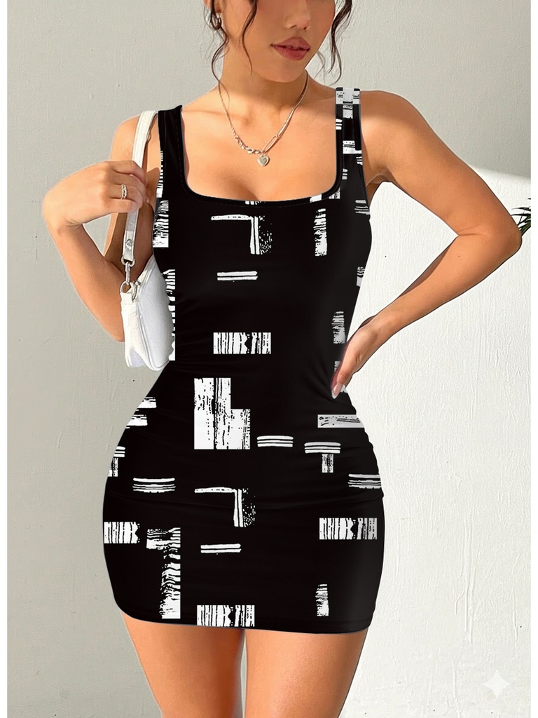 Women's Geometric Print Round Neck Sleeveless Camisole Dress Summer Casual Fashion Comfortable Mid-Length Skirt #4