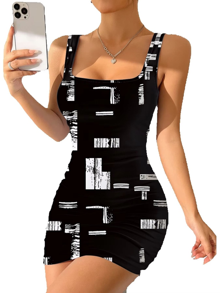 Women's Geometric Print Round Neck Sleeveless Camisole Dress Summer Casual Fashion Comfortable Mid-Length Skirt #6