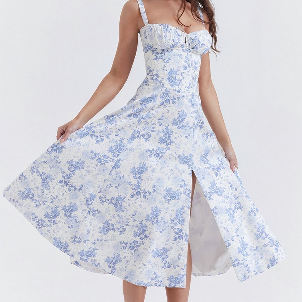 Summer Women Sling Dress Casual Slim Midi Skirt Elegant Commuter Fashion Sleeveless A Line Floral Printed Beach Gowns #4