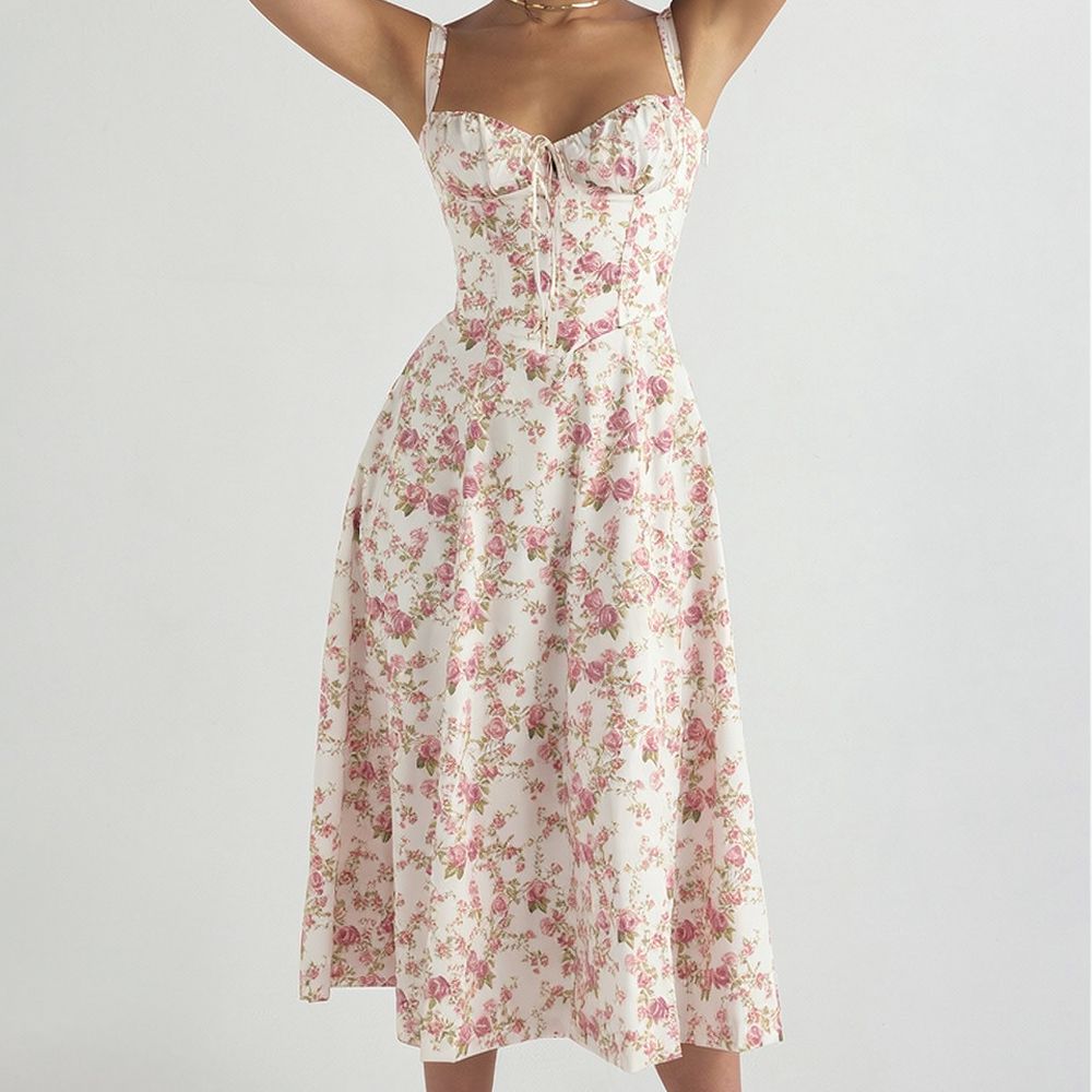 Summer Women Sling Dress Casual Slim Midi Skirt Elegant Commuter Fashion Sleeveless A Line Floral Printed Beach Gowns #5