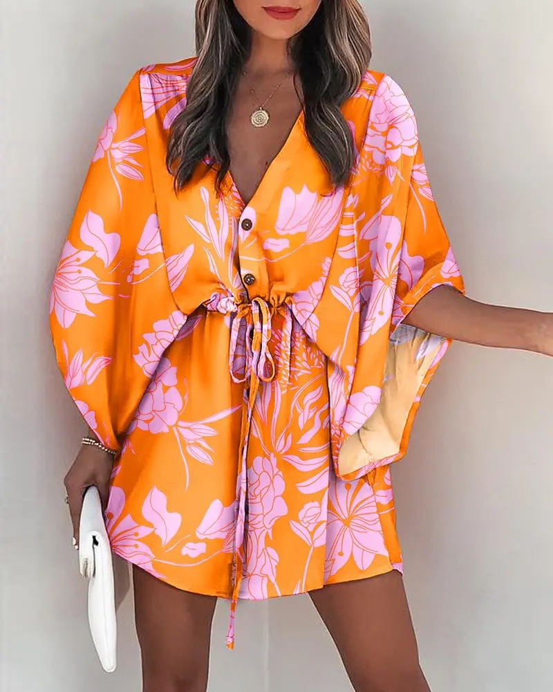Summer Dress For Women 2024 New Floral Print Bat Half-Sleeve V-Neck Ruffle Irregular Hem Female Dress Casual Boho Women Clothes #2