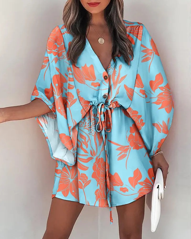 Summer Dress For Women 2024 New Floral Print Bat Half-Sleeve V-Neck Ruffle Irregular Hem Female Dress Casual Boho Women Clothes #3
