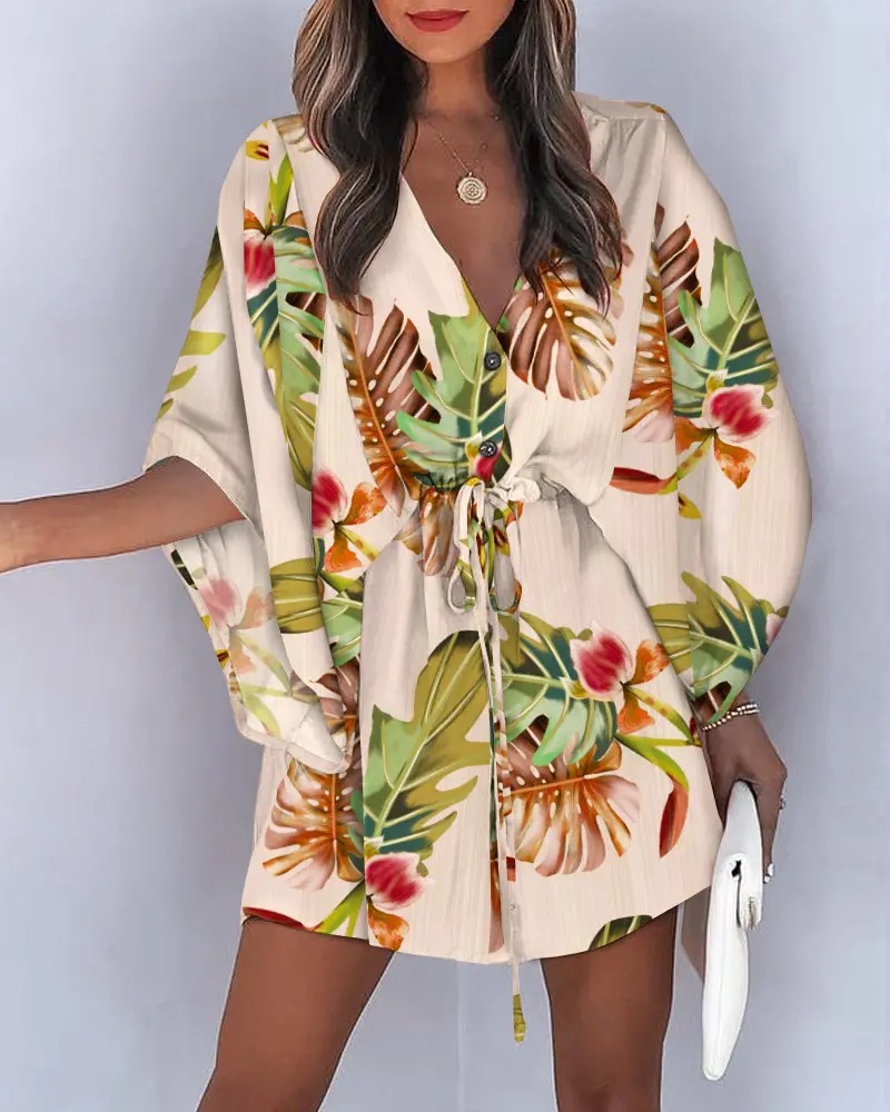 Summer Dress For Women 2024 New Floral Print Bat Half-Sleeve V-Neck Ruffle Irregular Hem Female Dress Casual Boho Women Clothes #4