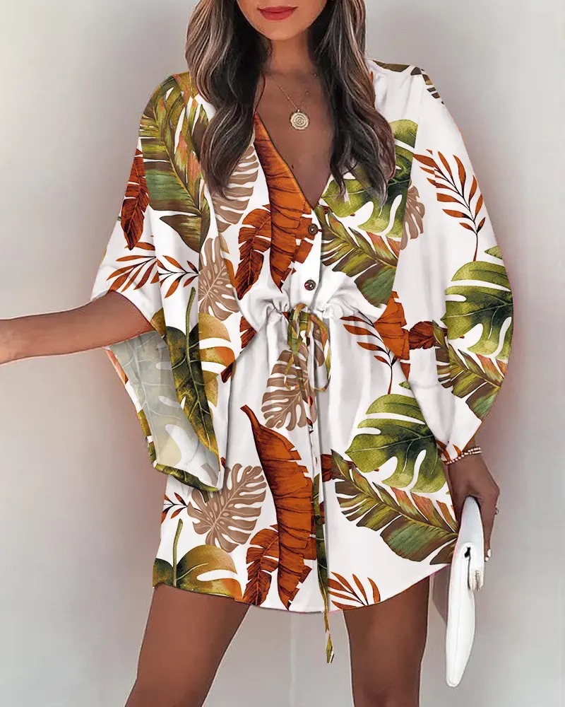 Summer Dress For Women 2024 New Floral Print Bat Half-Sleeve V-Neck Ruffle Irregular Hem Female Dress Casual Boho Women Clothes #5