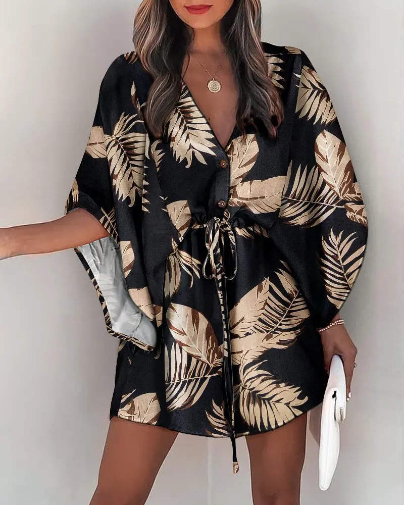 Summer Dress For Women 2024 New Floral Print Bat Half-Sleeve V-Neck Ruffle Irregular Hem Female Dress Casual Boho Women Clothes #6