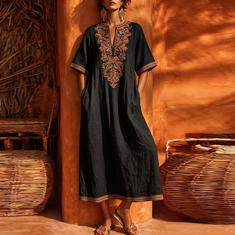 Summer Dresses For Women Vintage Printed Loose Floral Printed Party Midi Dress Women Deep V Neck Bohemian Dress #4