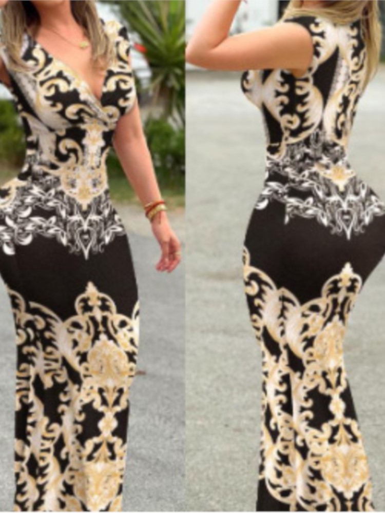 Summer Women Sexy Dress New Fashion Print Sleeveless Elegant Long Dresses Female V-Neck Casual Bodycon Clothing Vestidos #4