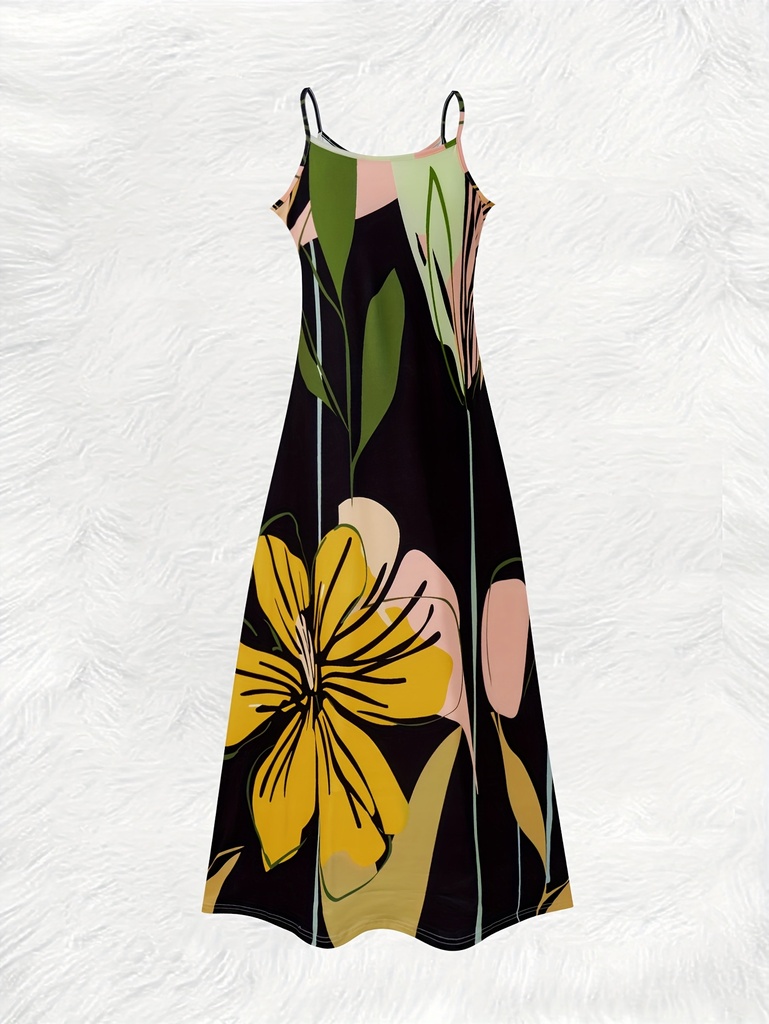 Summer Vacation Dress for Women Floral Print Yellow Green Long Sleeve A Line Dress Round Neck Casual Day Dress Beach Outfit #2