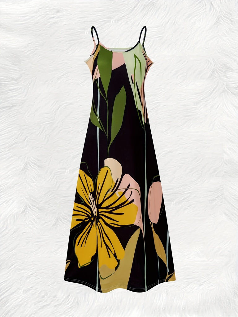 Summer Vacation Dress for Women Floral Print Yellow Green Long Sleeve A Line Dress Round Neck Casual Day Dress Beach Outfit #3