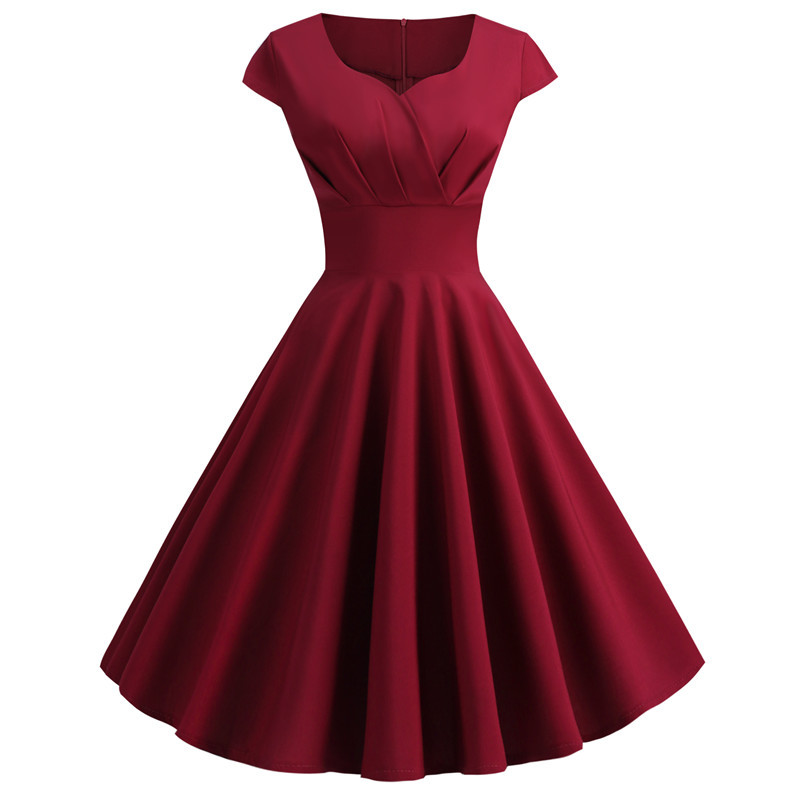 Women's Summer Dresses Vintage Elegant V Neck Solid Color Vestido A-Line Pinup Business Party Office Women Flare Blue Dress #2
