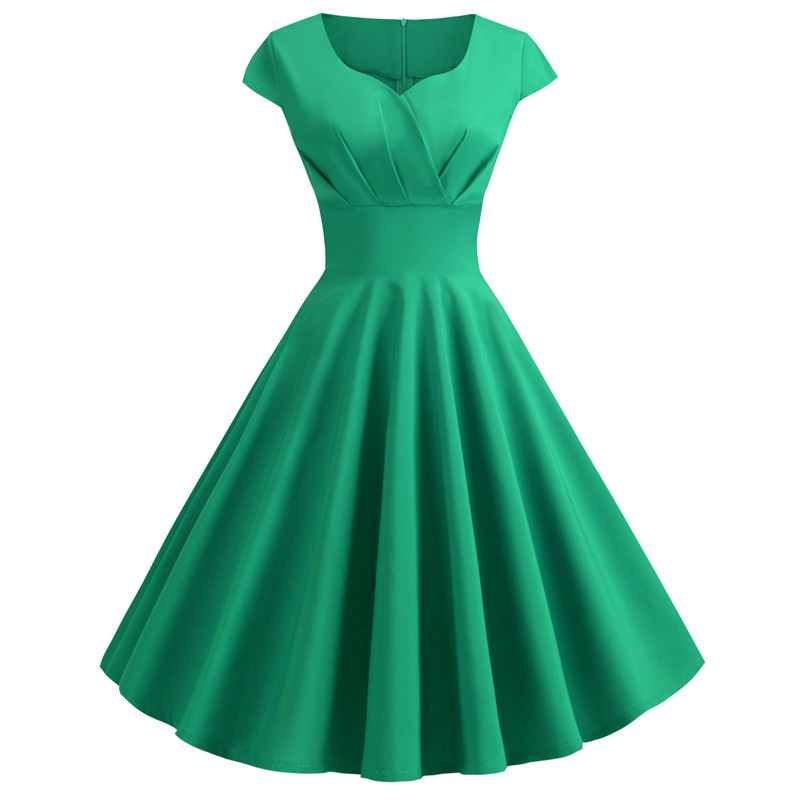 Women's Summer Dresses Vintage Elegant V Neck Solid Color Vestido A-Line Pinup Business Party Office Women Flare Blue Dress #4