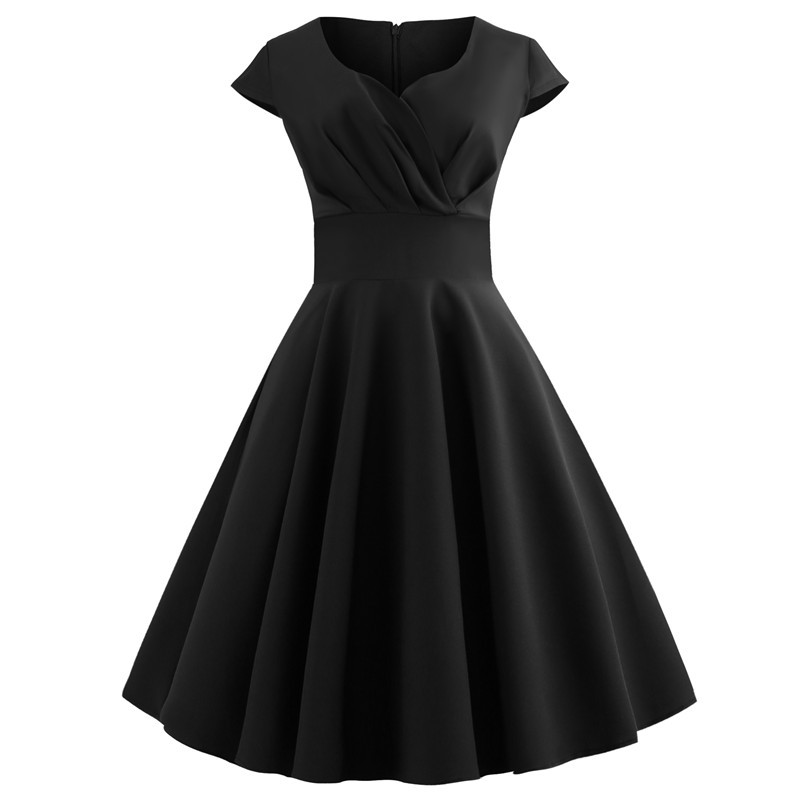 Women's Summer Dresses Vintage Elegant V Neck Solid Color Vestido A-Line Pinup Business Party Office Women Flare Blue Dress #6