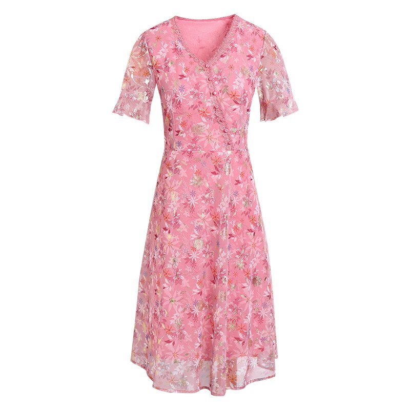 Women Summer Casual Dress Ladies Middle-aged Print Short Sleeve Pleated Dresses Female Vintage V-neck Vestidos #2