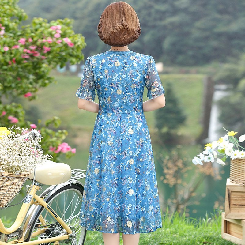 Women Summer Casual Dress Ladies Middle-aged Print Short Sleeve Pleated Dresses Female Vintage V-neck Vestidos #4