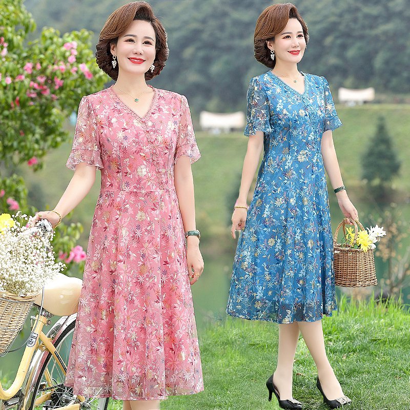 Women Summer Casual Dress Ladies Middle-aged Print Short Sleeve Pleated Dresses Female Vintage V-neck Vestidos #5