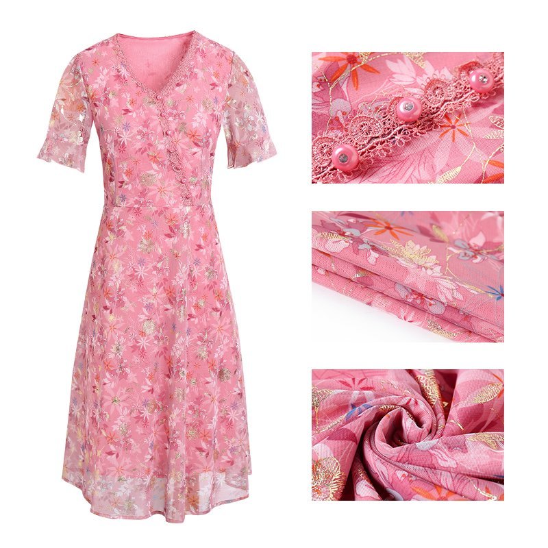 Women Summer Casual Dress Ladies Middle-aged Print Short Sleeve Pleated Dresses Female Vintage V-neck Vestidos #6