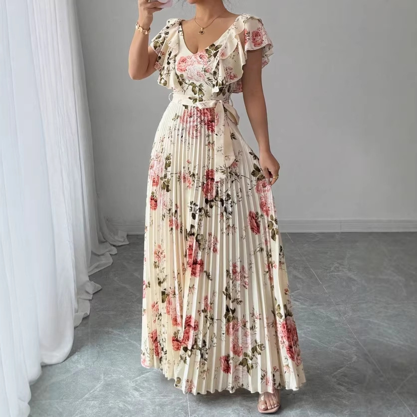Women's Summer Dress 2026 New Fashion Print Ruffle Sexy V-neck Pleated Dress Bohemian Vacation Beach Long Dress Female Vestidos #2