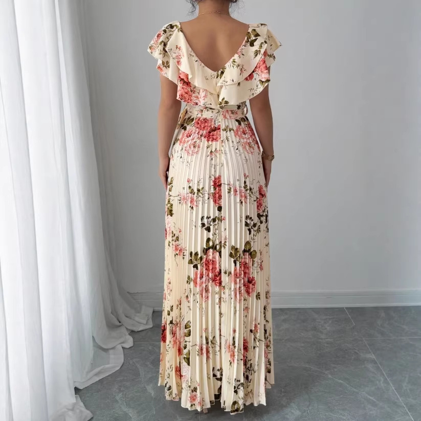 Women's Summer Dress 2026 New Fashion Print Ruffle Sexy V-neck Pleated Dress Bohemian Vacation Beach Long Dress Female Vestidos #3