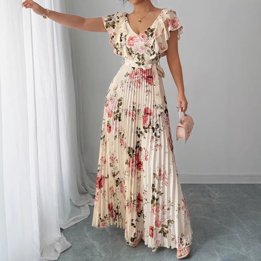 Women's Summer Dress 2026 New Fashion Print Ruffle Sexy V-neck Pleated Dress Bohemian Vacation Beach Long Dress Female Vestidos #4