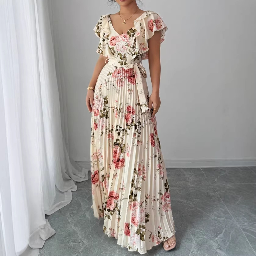 Women's Summer Dress 2026 New Fashion Print Ruffle Sexy V-neck Pleated Dress Bohemian Vacation Beach Long Dress Female Vestidos #5