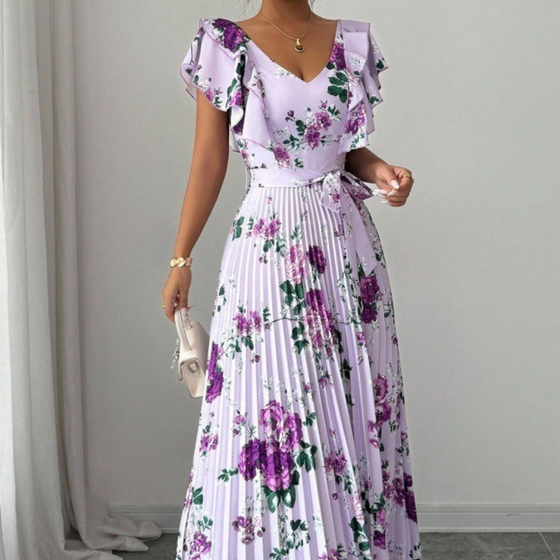 Women's Summer Dress 2026 New Fashion Print Ruffle Sexy V-neck Pleated Dress Bohemian Vacation Beach Long Dress Female Vestidos #6