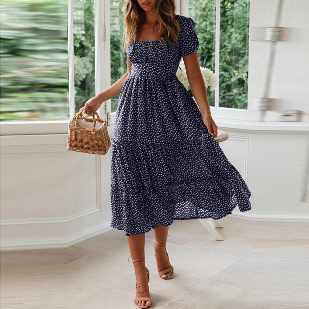 Women'S Summer Dress Fragmented Flower Flare Short Sleeve Casual Flowy Midi Dresses Elegant Temperament Party Vestidos 2024 Hot #2