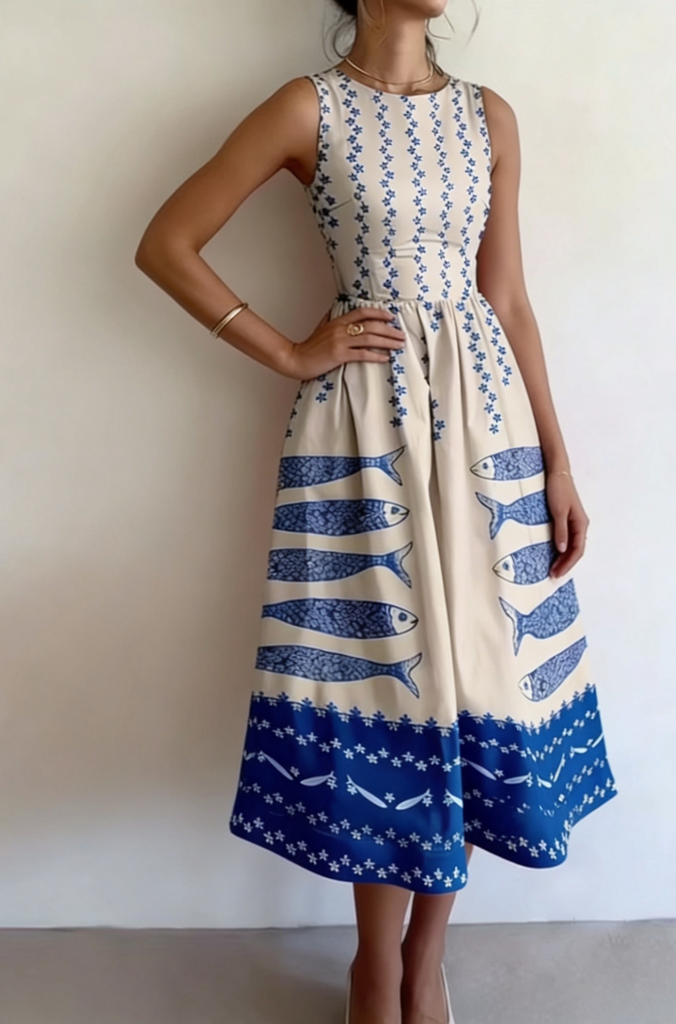 Women's New Summer Dress in Blue and White Color Scheme with Fish Print, Round Neck, Sleeveless, Waist-Cinching A-Line Flared Dress, Casual Resort Style, Suitable for Beach Vacations, Daily Casual Wear, Parties, and Summer Outings #2