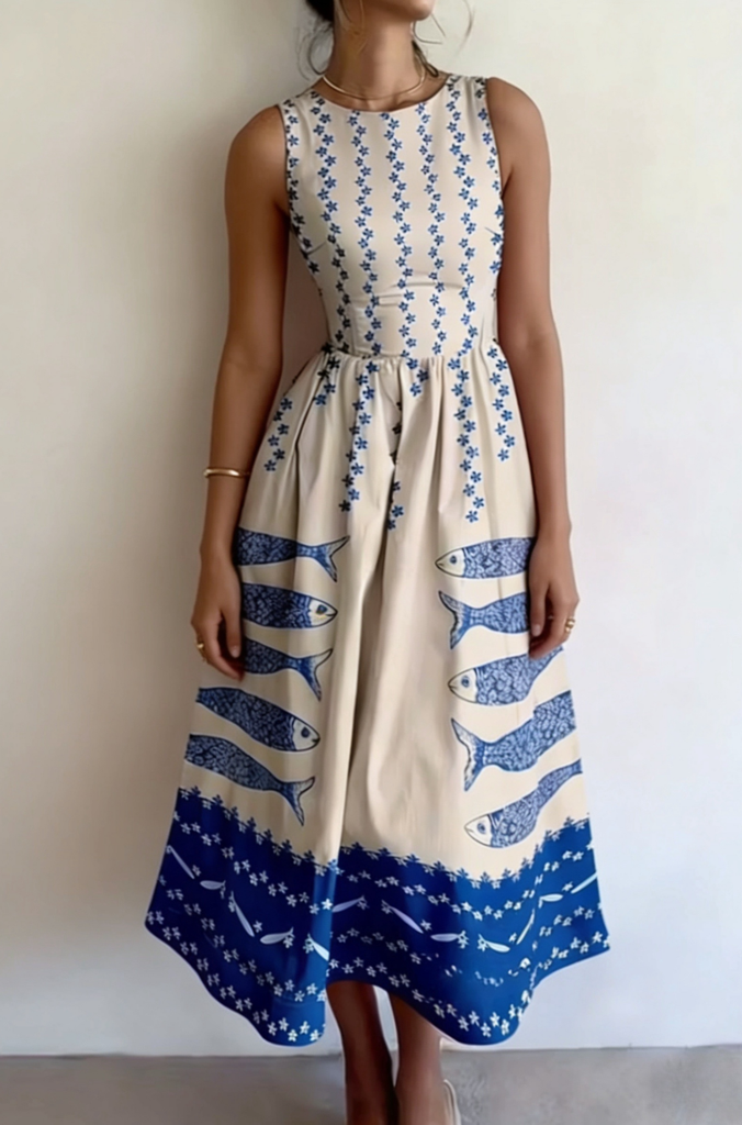 Women's New Summer Dress in Blue and White Color Scheme with Fish Print, Round Neck, Sleeveless, Waist-Cinching A-Line Flared Dress, Casual Resort Style, Suitable for Beach Vacations, Daily Casual Wear, Parties, and Summer Outings #3