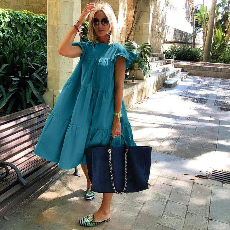 Women's Summer Ruff Sundress Elegant Casual Party Beach Vintage Swing Midi Dress 2022 Solid Bohemian Oversized Vestidos Robe #5