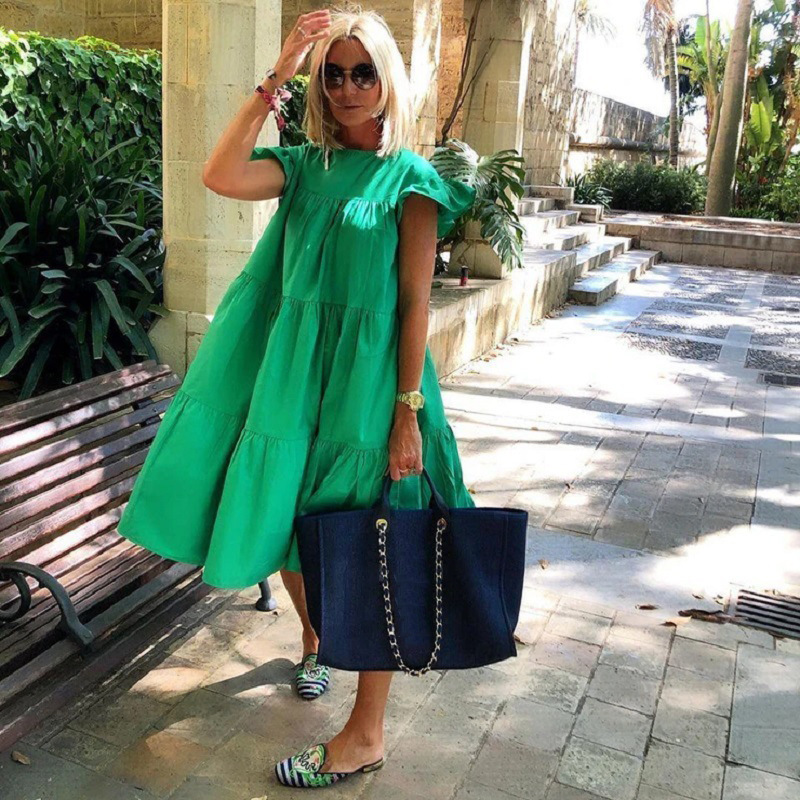 Women's Summer Ruff Sundress Elegant Casual Party Beach Vintage Swing Midi Dress 2022 Solid Bohemian Oversized Vestidos Robe #6