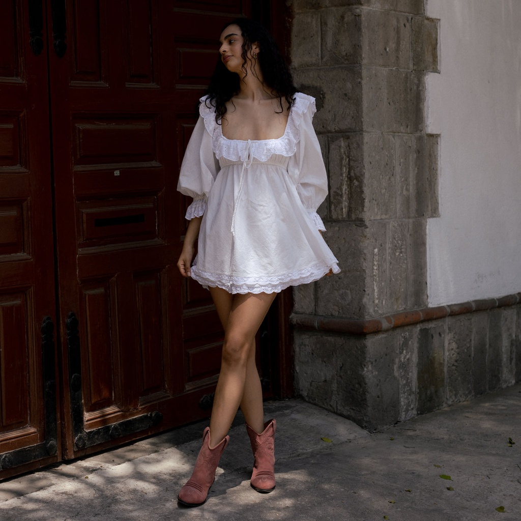 Summer dress women 2024 fashion white lace dresses for women party elegant long sleeve mini dress vintage square neck pink #3