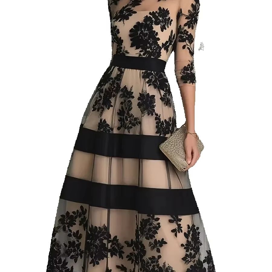 Elegant Floral Midi Dress for Women O-Neck 3/4 Sleeve Sheer Tulle Mesh A-Line Dress Formal Evening Wedding Guest Cocktail Dress #3