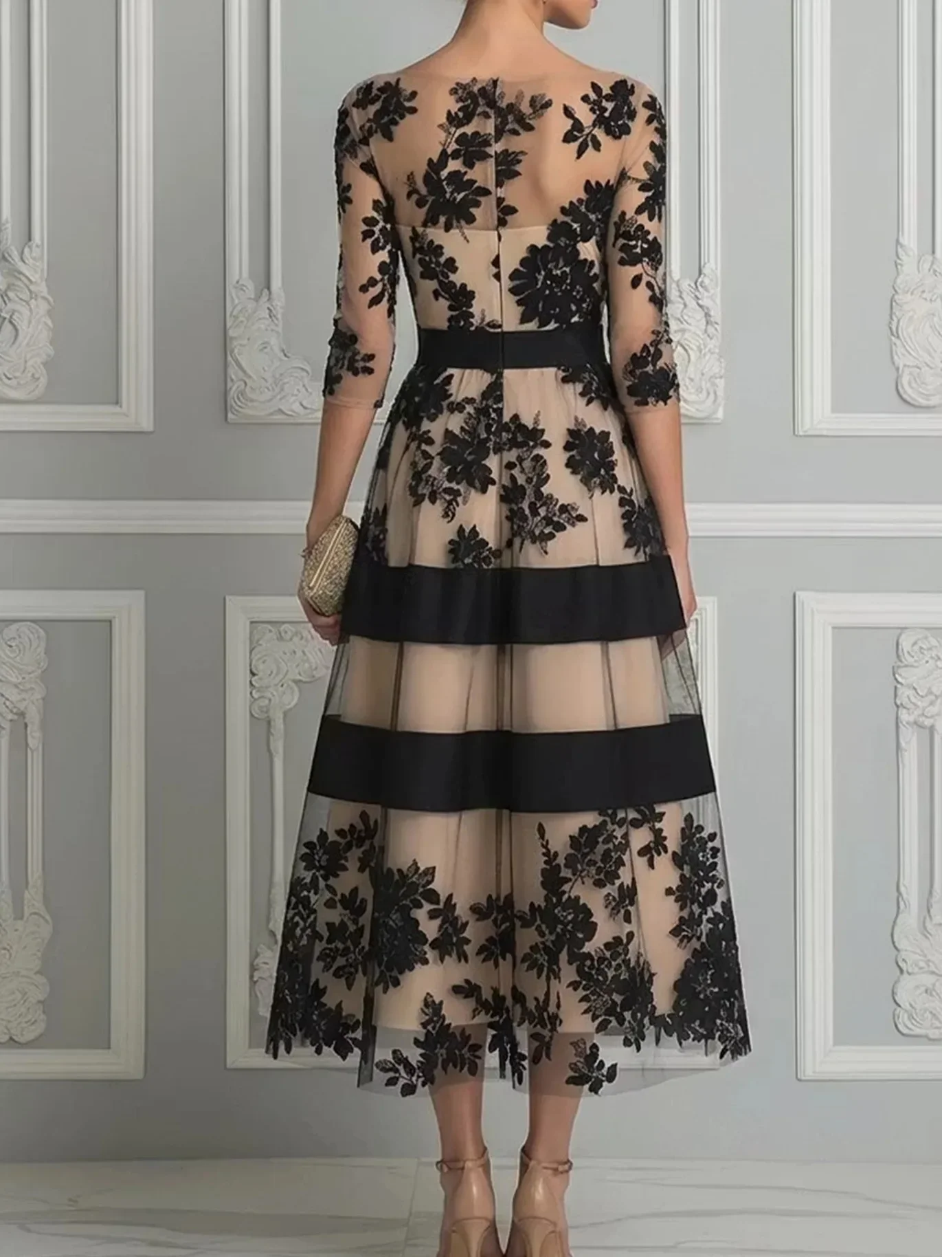 Elegant Floral Midi Dress for Women O-Neck 3/4 Sleeve Sheer Tulle Mesh A-Line Dress Formal Evening Wedding Guest Cocktail Dress #4