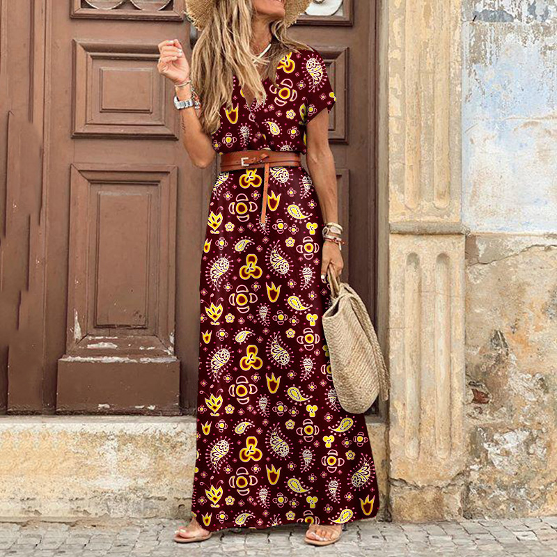 Elegant Floral Pleated H shaped Midi Dress Female V Neck Puff Sleeve Waist Ruched Button Dresses Women Summer Dress Robe #2
