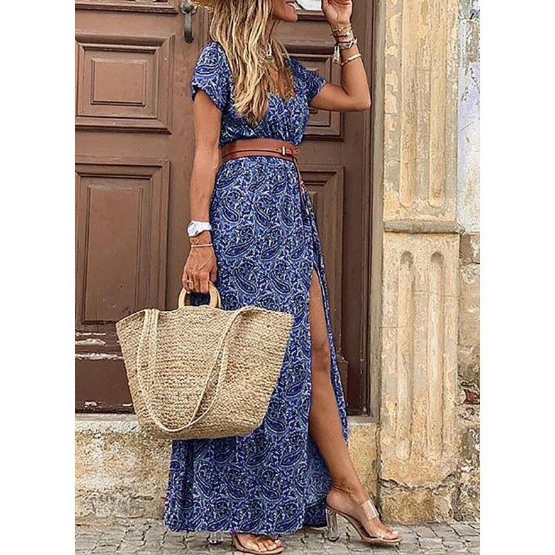 Elegant Floral Pleated H shaped Midi Dress Female V Neck Puff Sleeve Waist Ruched Button Dresses Women Summer Dress Robe #3