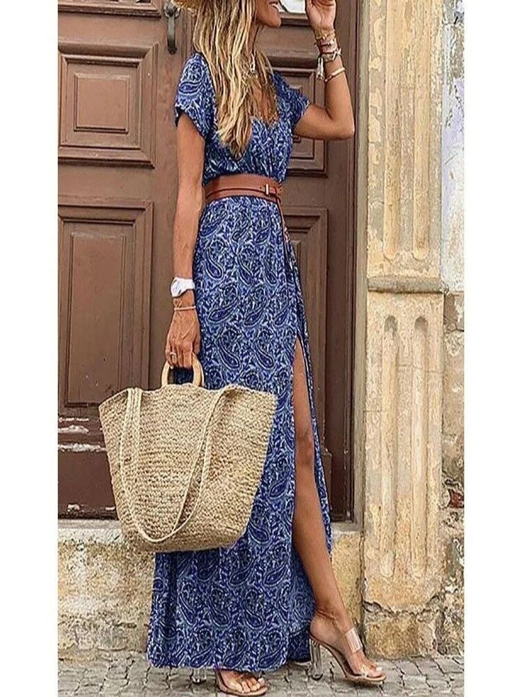Elegant Floral Pleated H shaped Midi Dress Female V Neck Puff Sleeve Waist Ruched Button Dresses Women Summer Dress Robe #5