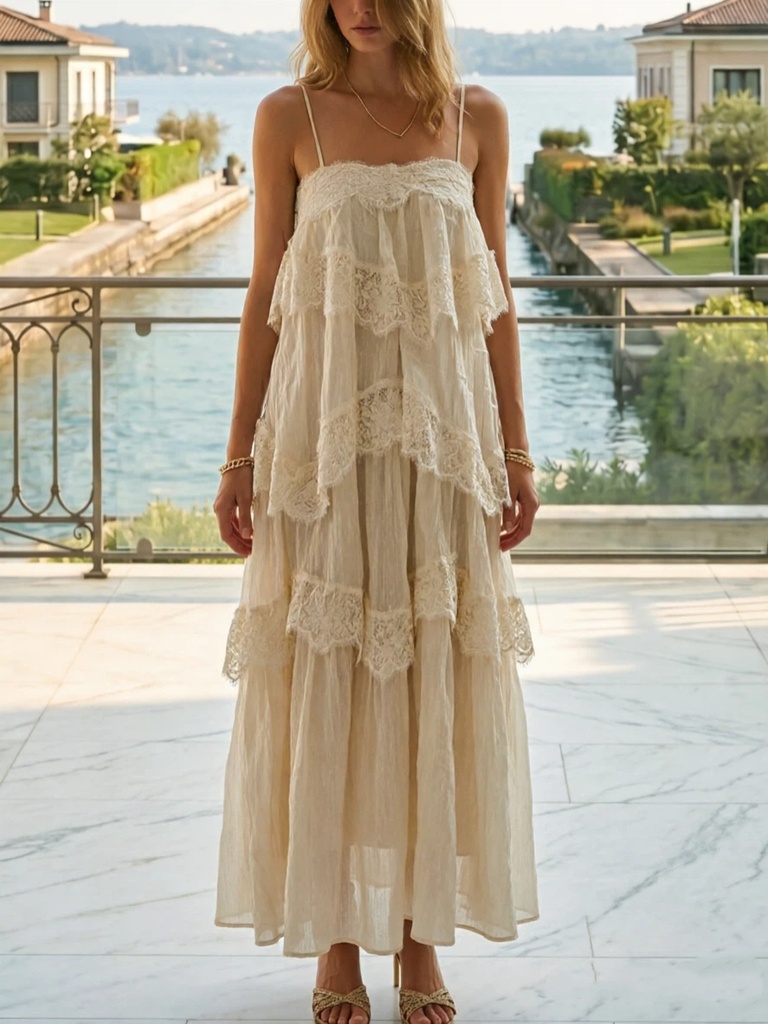 Women Elegant Lace Tiered Ruffle Flowy Midi Dress For Wedding Guest Party Summer Chic Boho Loose Fit Beach Vacation Dresses #2