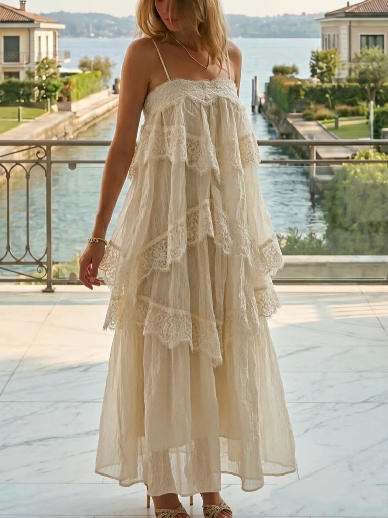 Women Elegant Lace Tiered Ruffle Flowy Midi Dress For Wedding Guest Party Summer Chic Boho Loose Fit Beach Vacation Dresses #3