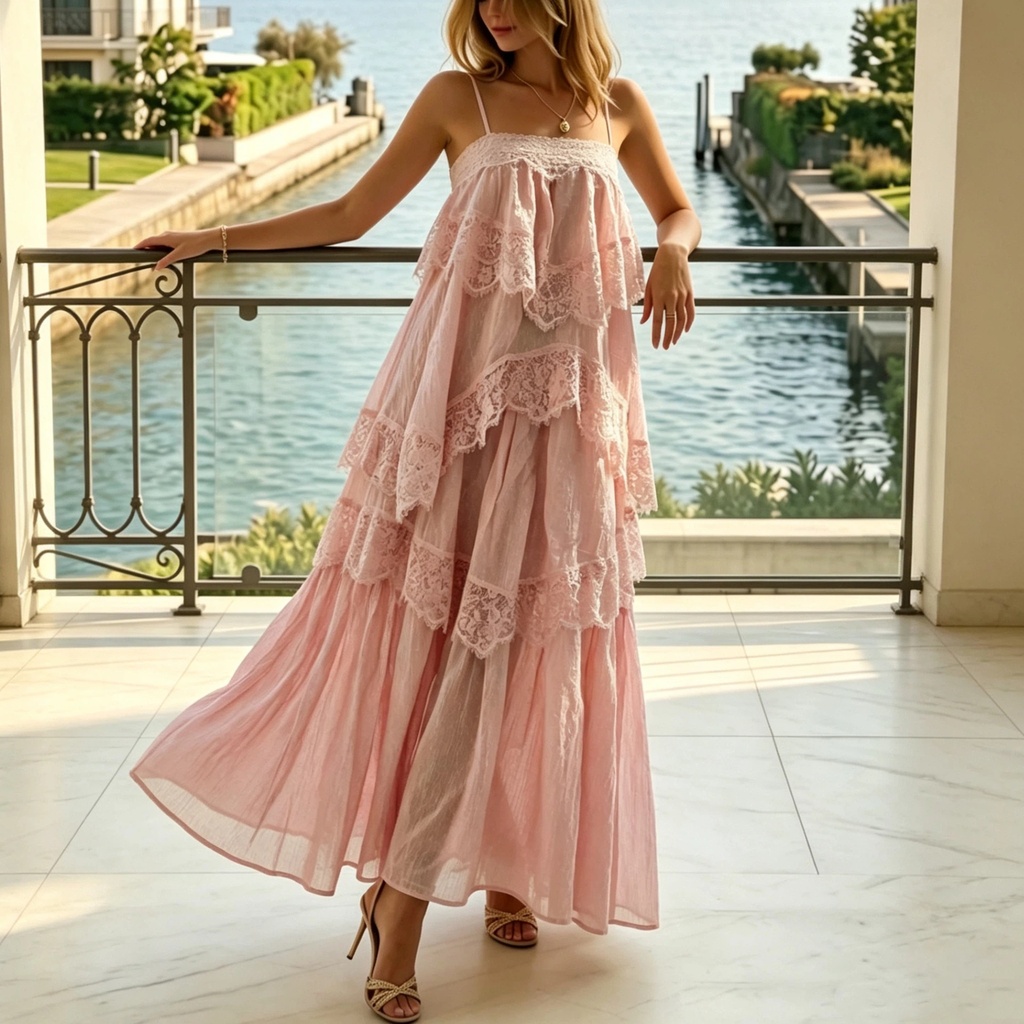 Women Elegant Lace Tiered Ruffle Flowy Midi Dress For Wedding Guest Party Summer Chic Boho Loose Fit Beach Vacation Dresses #4