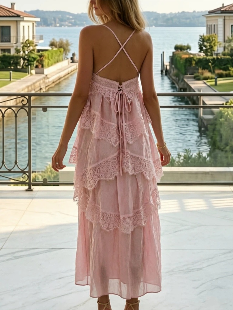 Women Elegant Lace Tiered Ruffle Flowy Midi Dress For Wedding Guest Party Summer Chic Boho Loose Fit Beach Vacation Dresses #5